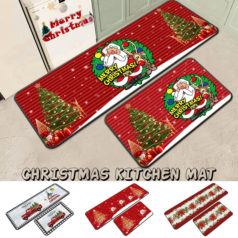 2pcs Christmas Kitchen Floor Mat Home Bedroom Entrance Doormat Kids Living Room Decor Carpet Bathroom Door Anti-Slip Foot Rug