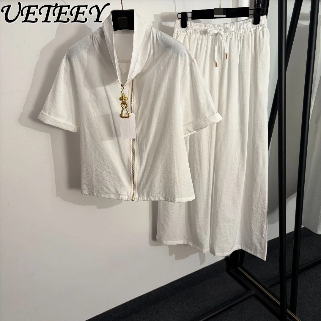 

2026 Summer New Suit Metal Zipper Rolled Short-sleeved Zipper Shirt Top + Elastic High Waist Wide-leg Pants Sets Womens Outfits