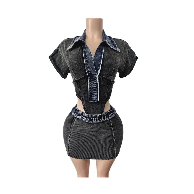

Denim Patchwork Cotton Ribbed 2 Piece Set Women Turn Down Collar Short Sleeve Bodysuit Tops + Bodycon Mini Skirts Casual Suits