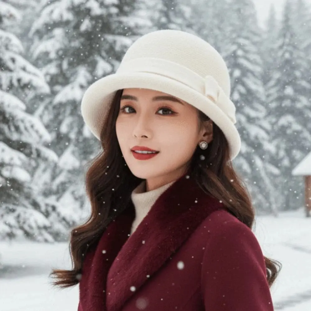 

Elegant Vintage Looking Woolen Rolled Edge Cap Versatile Beret British Top Hat Retro Bow Woolen Formal Hat Masquerade Party
