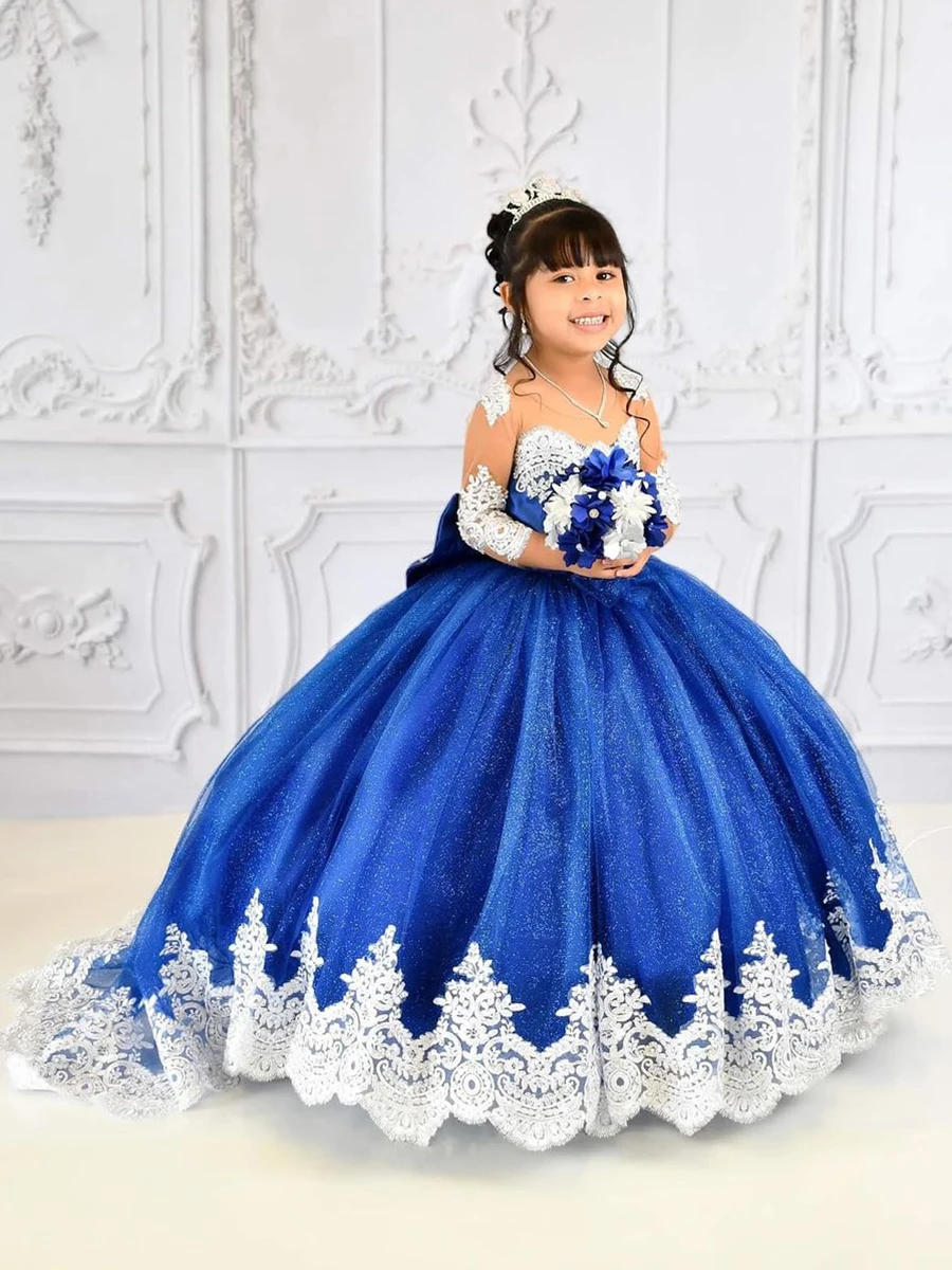 Robe de Rhbleue avec appliques en dentelle pour enfants, robe de demoiselle d'honneur, manches longues, longueur au sol, fête d'anniversaire, première communion, princesse