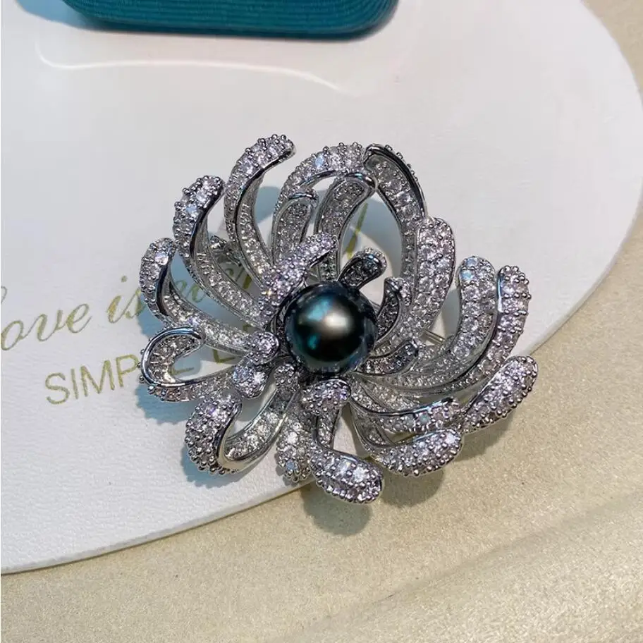 Stunning 10-11mm Black gold round Pearl Crystal  Brooches  jewelry  silver 925  jewelry sets  jewellery sets for women
