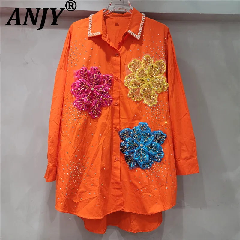 

ANJY Autumn New Women Light Luxury High-End Fashion Beaded Chic Shirt Flower Studded Diamonds Trend Elegant Casual Shirts A16987