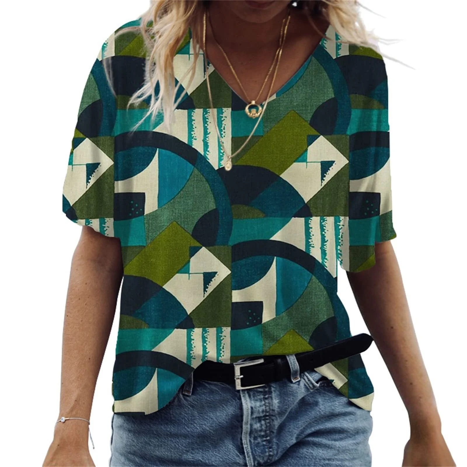 

New Hot Sell Ladies V-neck Elegant Fashion Short Sleeve T-shirt Summer 3D Printing Irregular Printing Loose Tops Multiple Colors