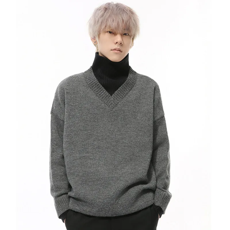 

Korean Style Men's Sweaters Turtleneck Knitting Fake Two-piece Splicing Contrast Color Male Pullover Tops 2024 Winter