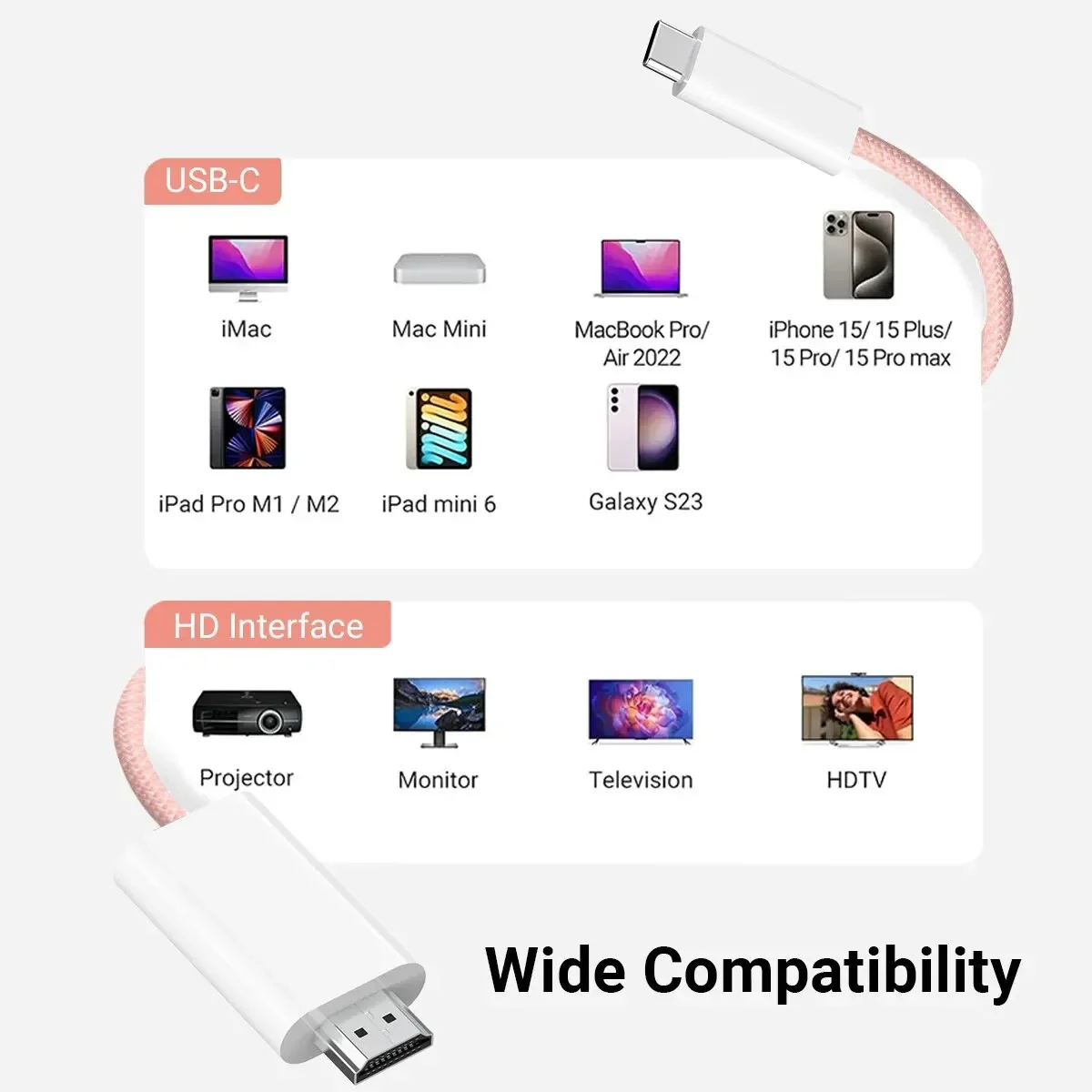 4K Type-C To HDTV Cable 1.8M Nylon Braided For iPhone 15 MacBook Galaxy S23 Surface Dell HP Universal 4K@60Hz/30Hz Video Sync