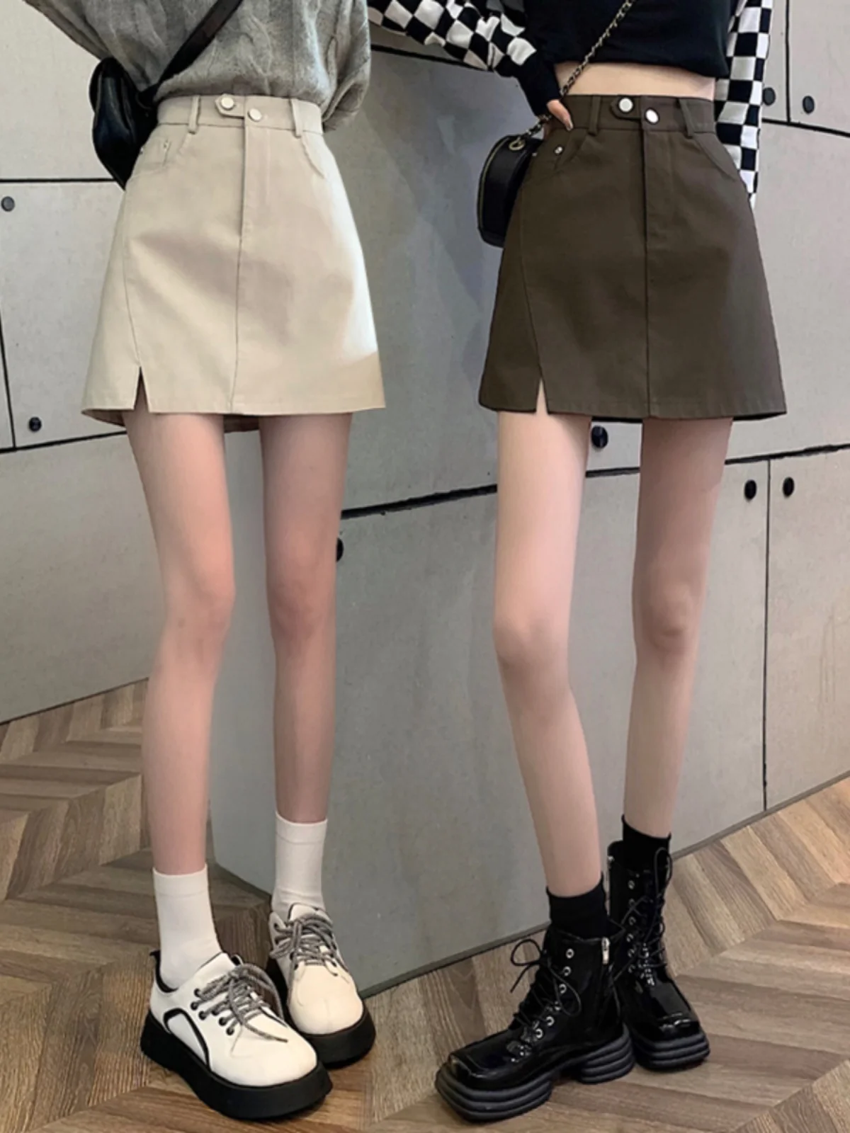 

Юбка А-силуэта с высокой талией из искусственной кожи с пуговицами, модная короткая юбка для женщин, весна-лето, модные юбки для фигуры.