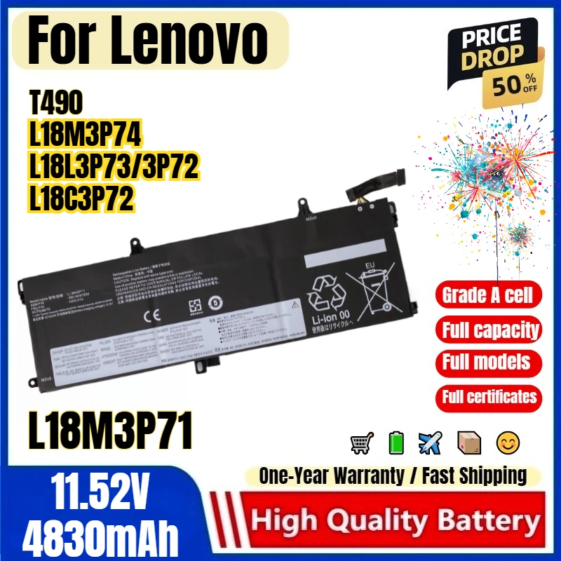 L18M3P71 for Lenovo T490 L18M3P74 L18L3P73/3P72 L18C3P72  Laptop Battery High Quality High Capacity Battery Replacement Bateria