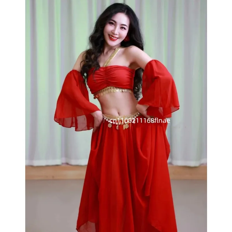 

Новый женский костюм для восточных танцев 2026 года: красный, в египетском и индийском стиле, для сценических выступлений и профессиональных соревнований