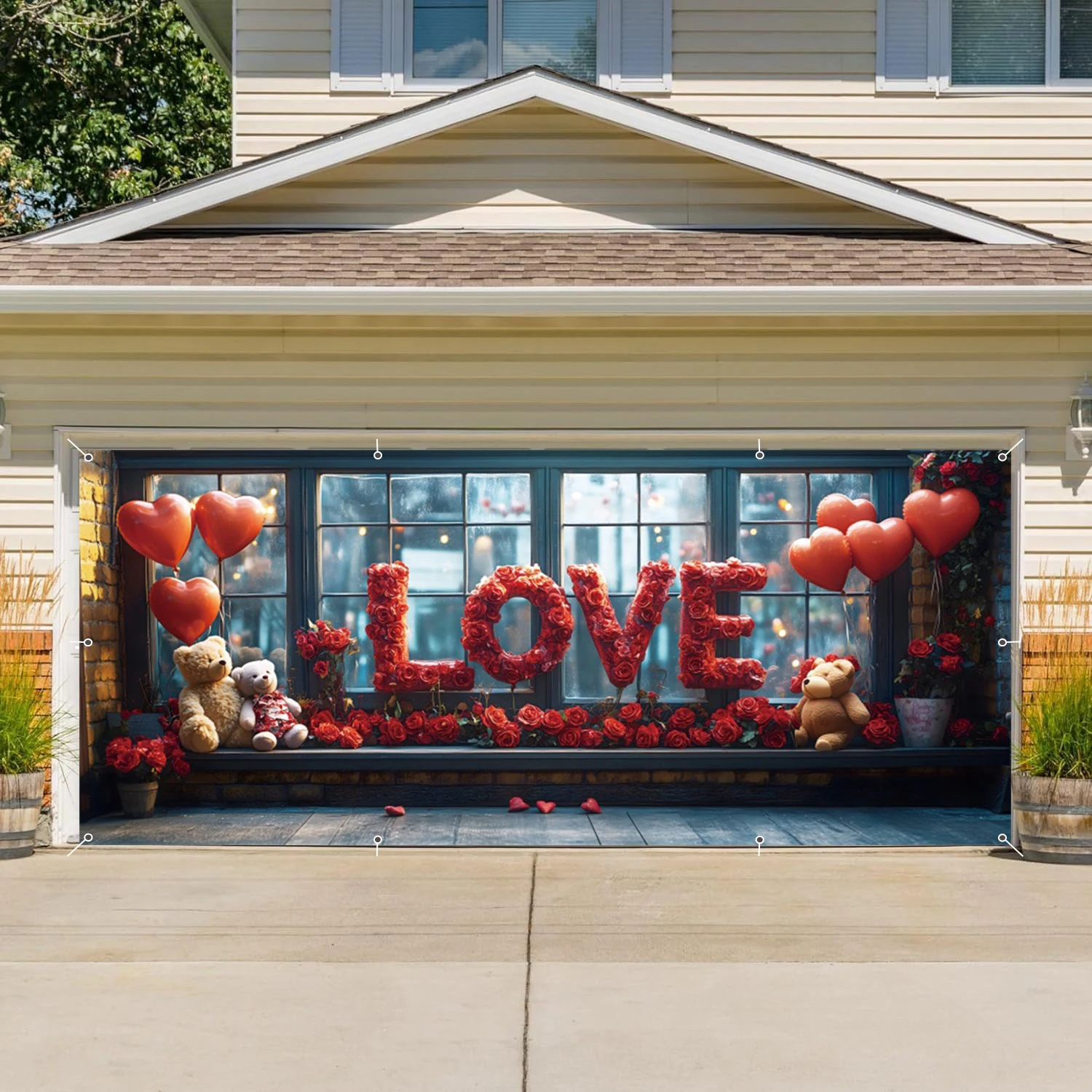 Valentine's Day Garage Door Banner Backdrop Photography Red Rose Love Balloon Pattern Outdoor Decor Proposal Scene Background