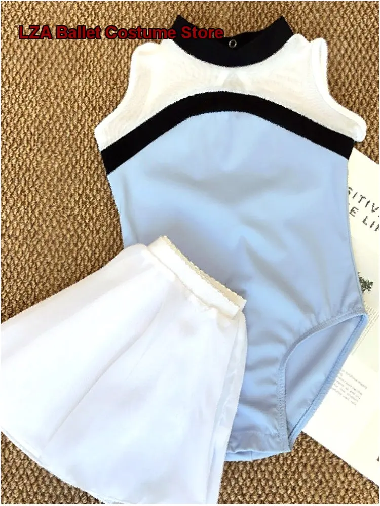 Children's Girls Art Exam High Neck Lace Patchwork Practice Jumping Body Suit Contrast Color Performance Summer Kids