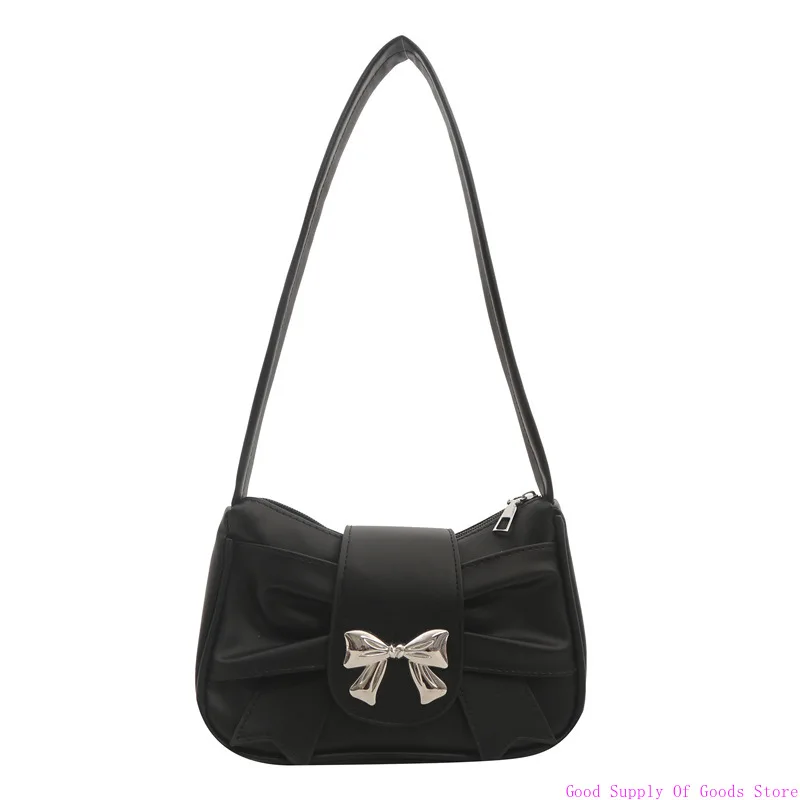 حقيبة صغيرة تحت الإبط بفيونكة حلوة للنساء حقائب كتف محمولة للسيدات من جلد البولي يوريثان بلون سادة حقائب يد نسائية