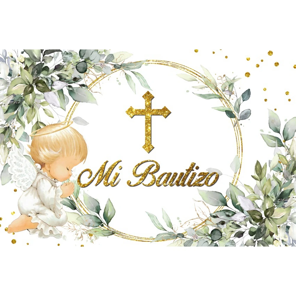 My First Holy Communion Backdrops Angel Crucifix Green leaf Flowers Chalice Newborn Baptism Photo Background Custom Christening