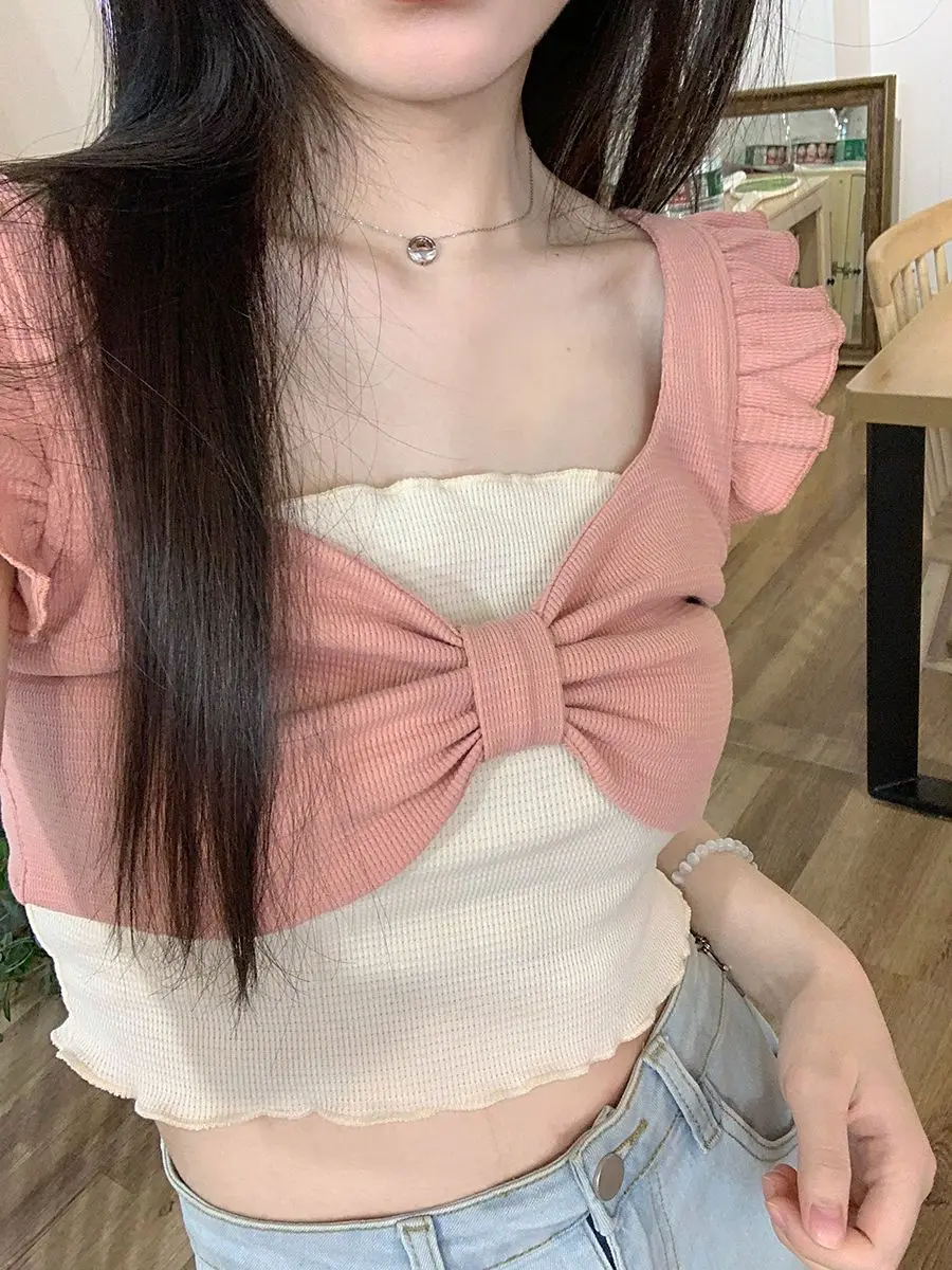 Tanks Women Fake 2 Pieces Pink Sweet Bow Slim Cropped Tops Summer Korean Style Age-reducing Ulzzang Tender Chic Stylish Daily