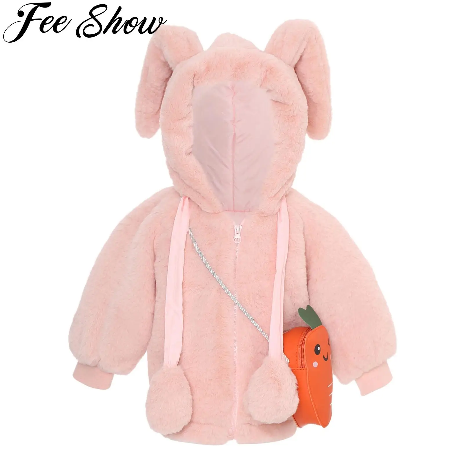 Children Baby Winter Warm Coats Jacket Long Sleeve Thicken Fuzzy Rabbit Ears Hooded Outwear with Carrot Bag Toddler Clothes