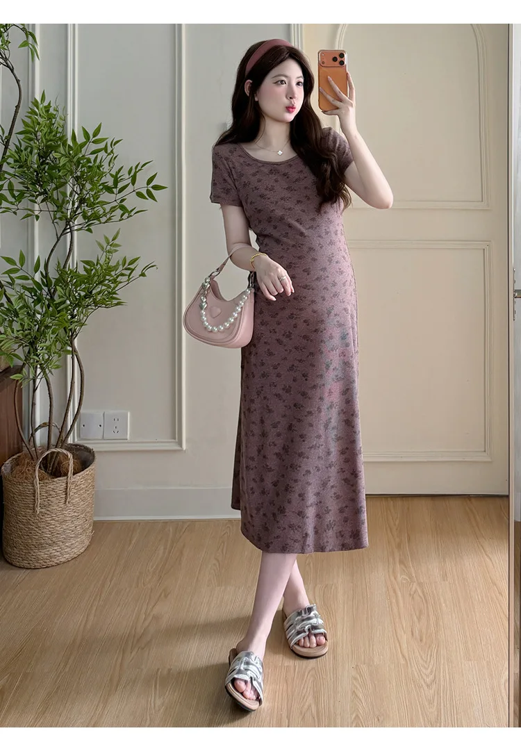 Maternity Dress Summer 2026 Print Slim Bodycon Round Neck Short Sleeve Dress for Pregnant Women Soft Stretchy Daily Wear