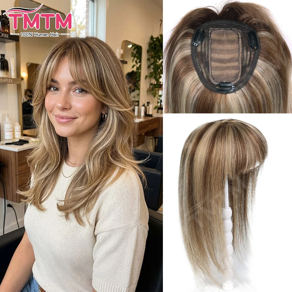 Highlights Brown Blonde Human Hair Toppers for Women 12x13cm Skin Base Human Hair Topper With Bangs Straight Clips In Hairpiece