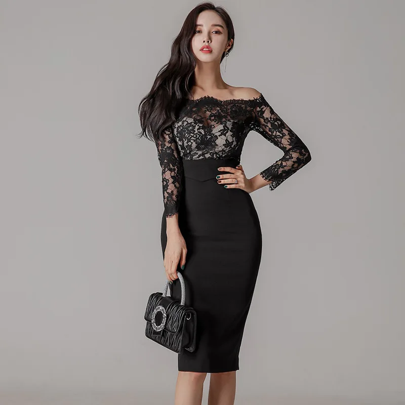 Fashionable Wave One line Neck Temperament Dress Spring/Summer New Flower Lace Embroidery Splicing Slim Fit Wrapped Hip Dresses