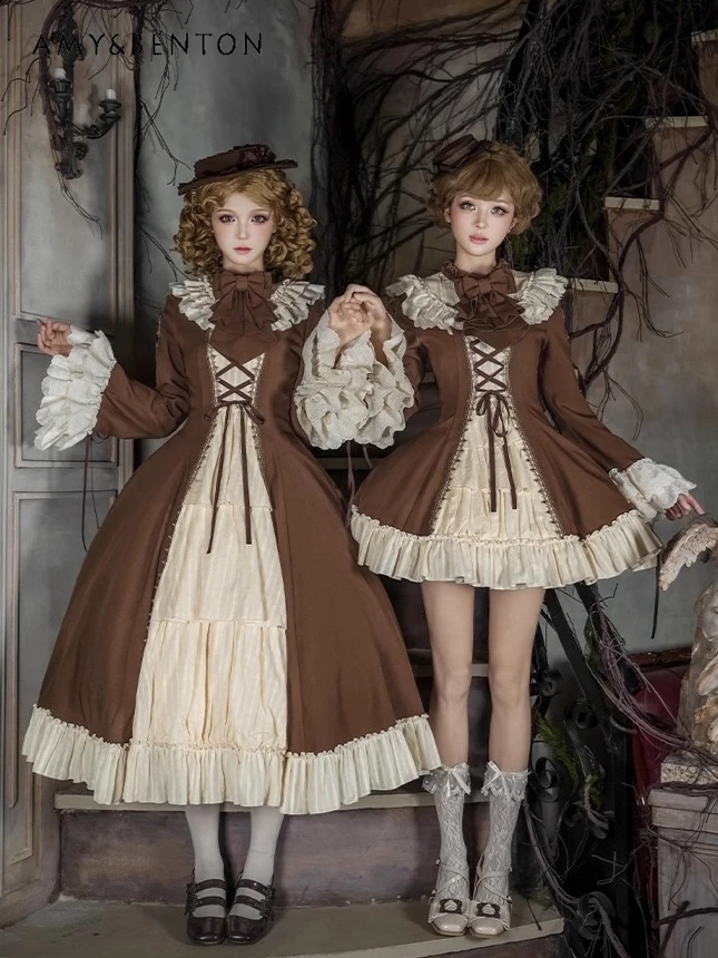 

Elegant Lolita Court Style Retro OP Dress Autumn Patchwork Lace Patchwork Bell Sleeve Lace Collar Slim Mid-Length Dress Women