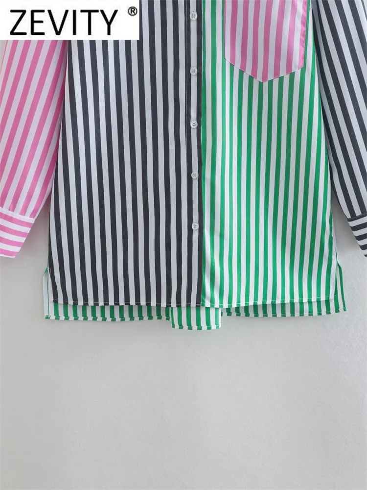 Zevity Women Fashion Color Matching Striped Print Smock Blouse Office Lady Breasted Shirt Business Chemise Blusas Tops LS1692