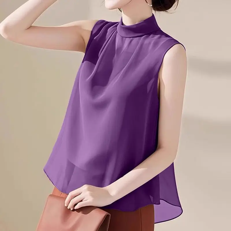 

Sleeveless Solid Color Loose New Style Summer Fashionable Shirt Stand Collar Top Vest Simple Chiffon Shirt