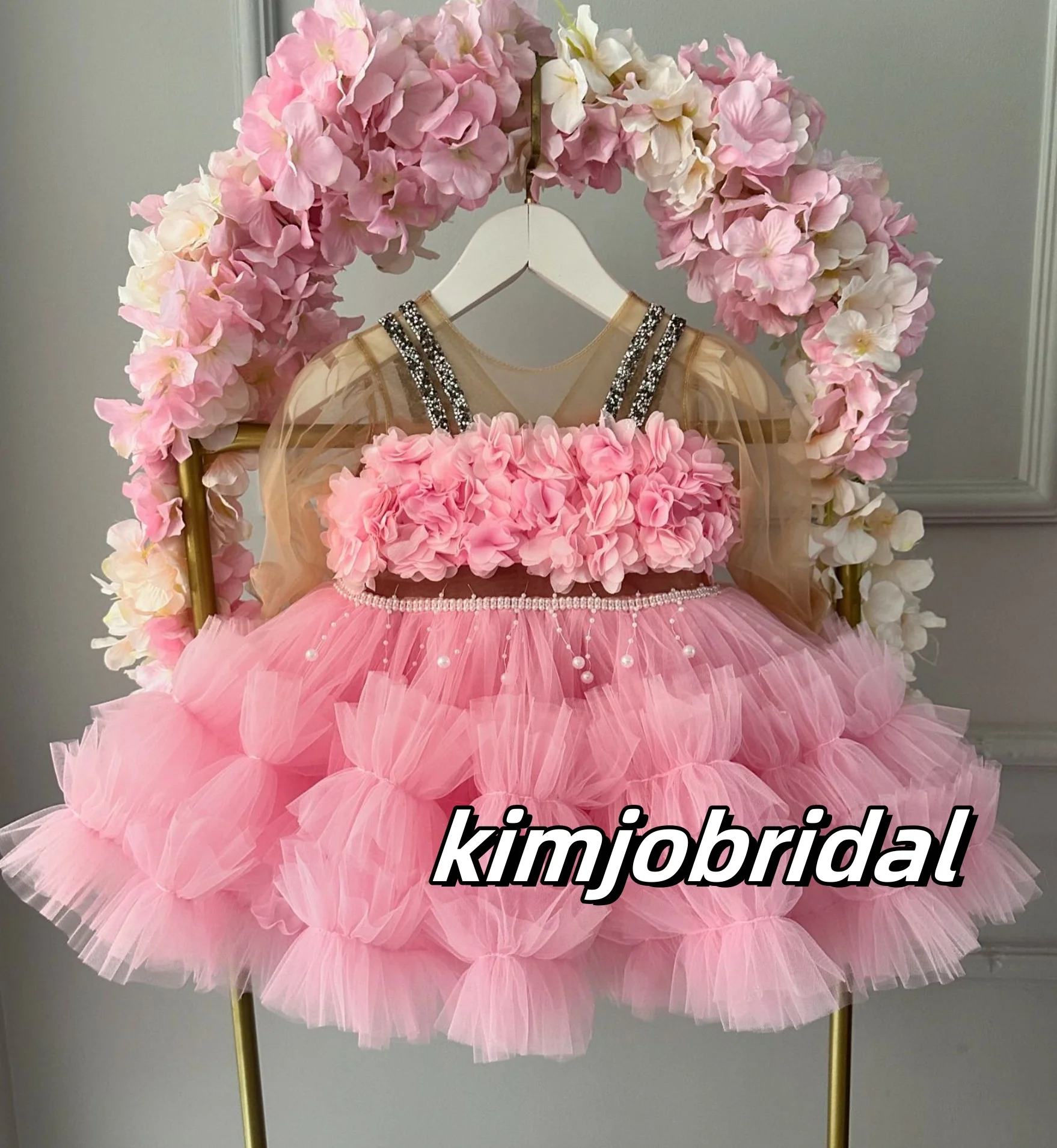 

Pink Tiered 3D Flowers Little Girls Party Dresses Crew Neckline Long Sleeve Ball Gown Tulle Girls Pageant Dresses