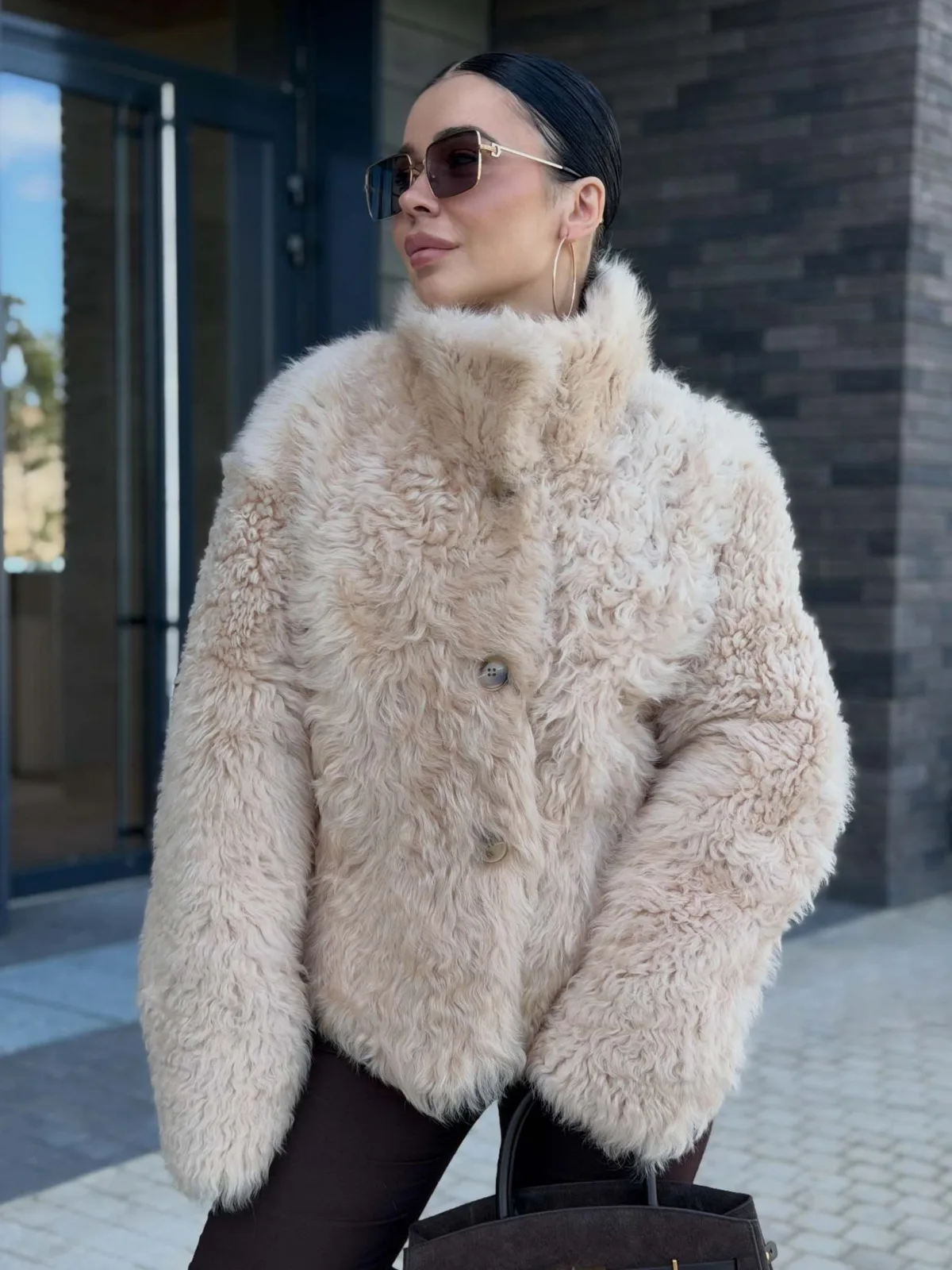 DFDG Women 2026 Curly Faux Fur Loose Short Jacket Stand Collar Button Design Warm Plush Winter Daily Fashion Outerwear Fur