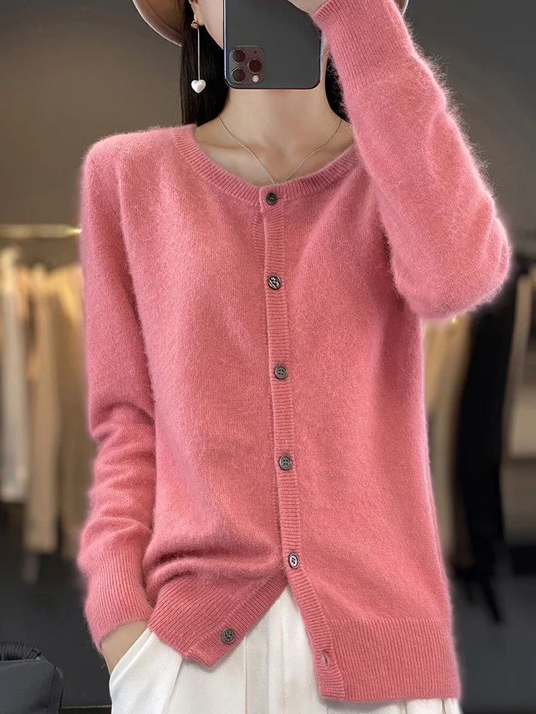 Women O-neck Cashmere Cardigan Cable Knitting Basic 100% Mink Cashmere Sweater Soft Comfy Simple Style Autumn Winter Knitwear