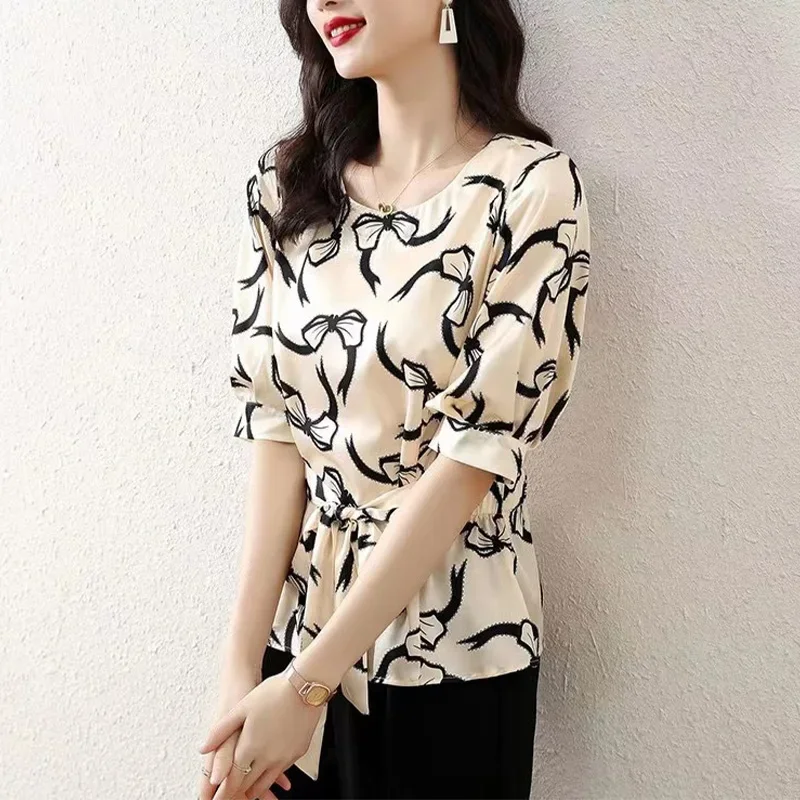Camisa de gasa estampada de manga corta con estilo, Tops ceñidos en la cintura con temperamento informal de verano, ropa de moda para mujer