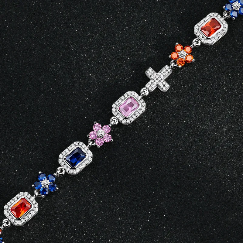 Unique street fashion men floral cross gem tennis set adjustable necklace bracelet for rapper daily casual night club outfits
