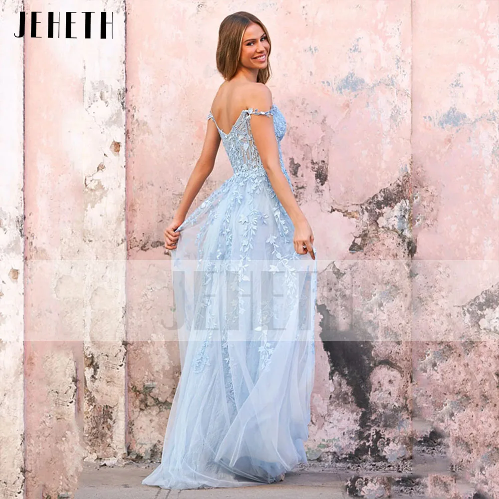 JEHETH vestido de fiesta de tul con escote en forma de corazón, traje elegante con hombros descubiertos, Apliques de encaje de hadas, línea A, largo hasta el suelo, color azul cielo