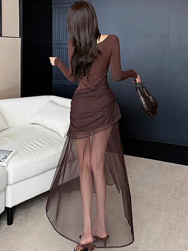 2025 Solid Knitted Patchwork Mesh Sheer Sexy Long Dress Women Elegant Casaul Fake Two Piece Dress Autumn Winter Korean Vestidos