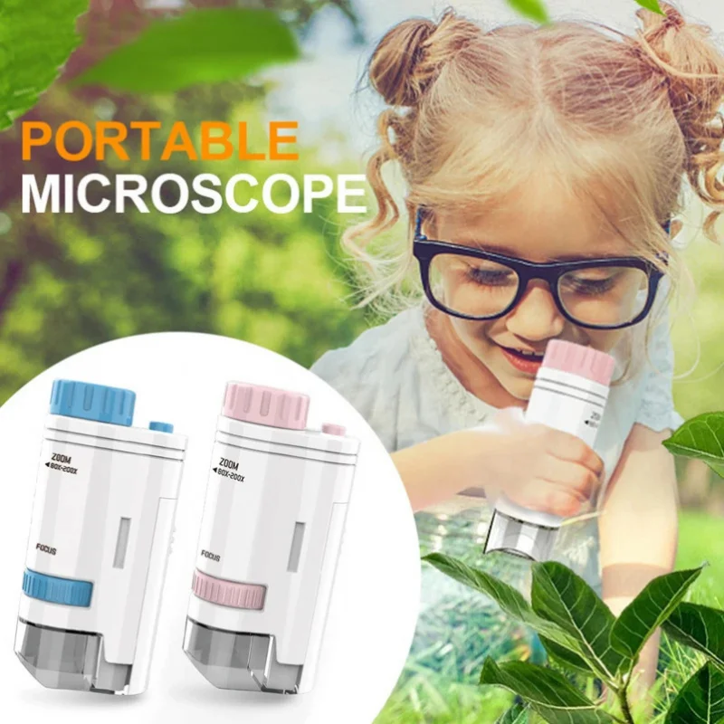 80X-200X Pocket Microscope Electric Mini Microscope with LED Light High Definition Children Microscope for Observation Learning