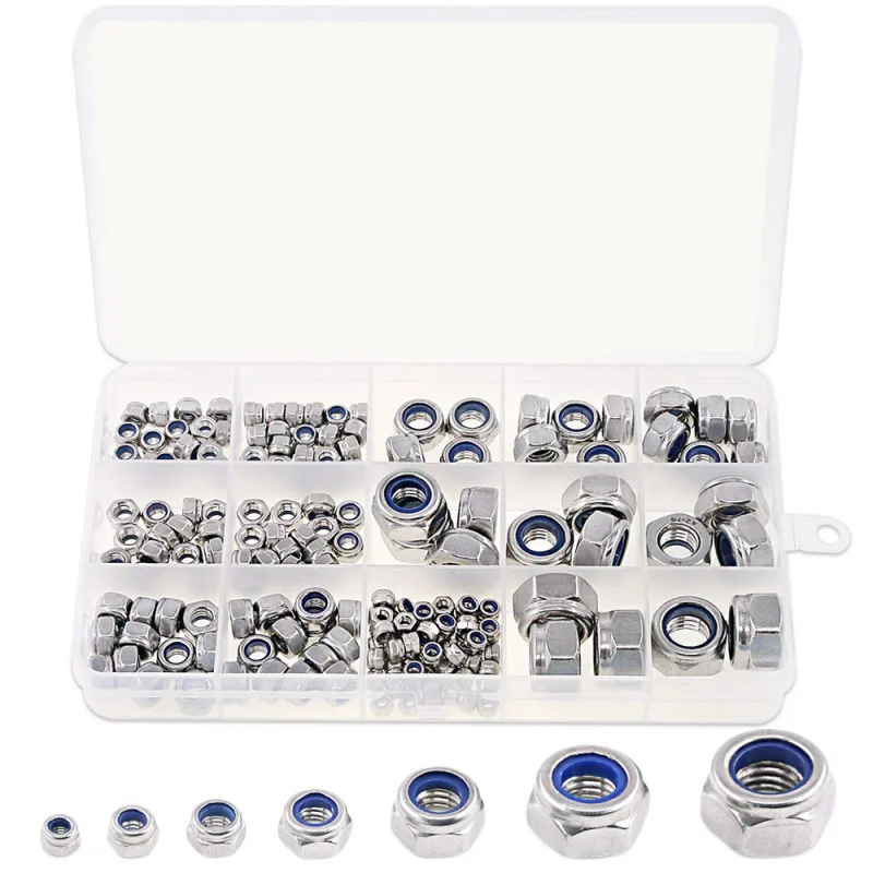 

Cross-Border Wholesale 175PCS Boxed 304 Stainless Steel/Nylon Metric Self-Locking Anti-Loosening Hex Nuts