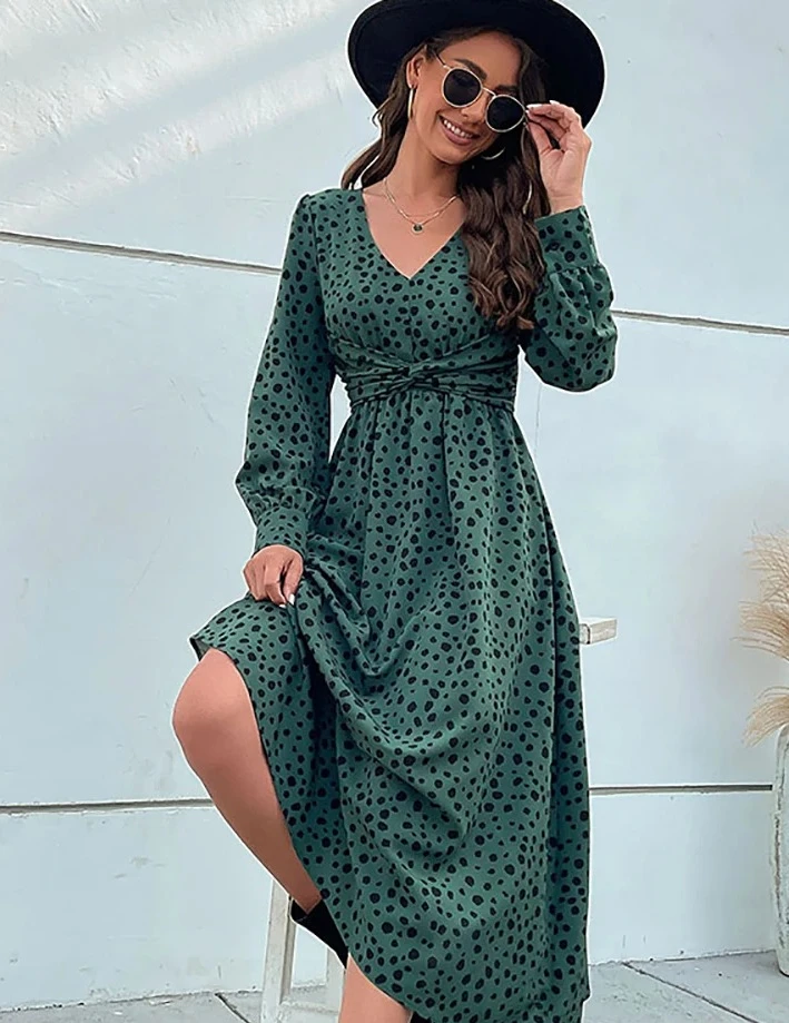 Fashion Autumn Women's V Neck Green Long Sleeve Leopard Print Dress Ladies High Waist Chic Dresses Vestidos