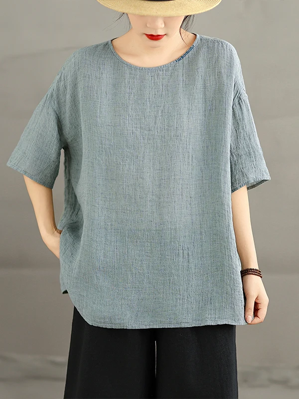 

Casual Cotton Linen Pleated Women's Shirt Summer New Style round Neck Loose Fit All Matchable Overhead Shirt Artistic Color W...