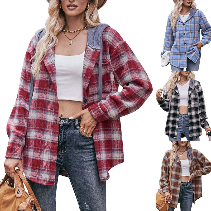 2023 New Autumn and Winter Trend Casual Simple Hooded Button Plaid Fashion Jacket Temperament Loose Commuting Women\'s Shirt