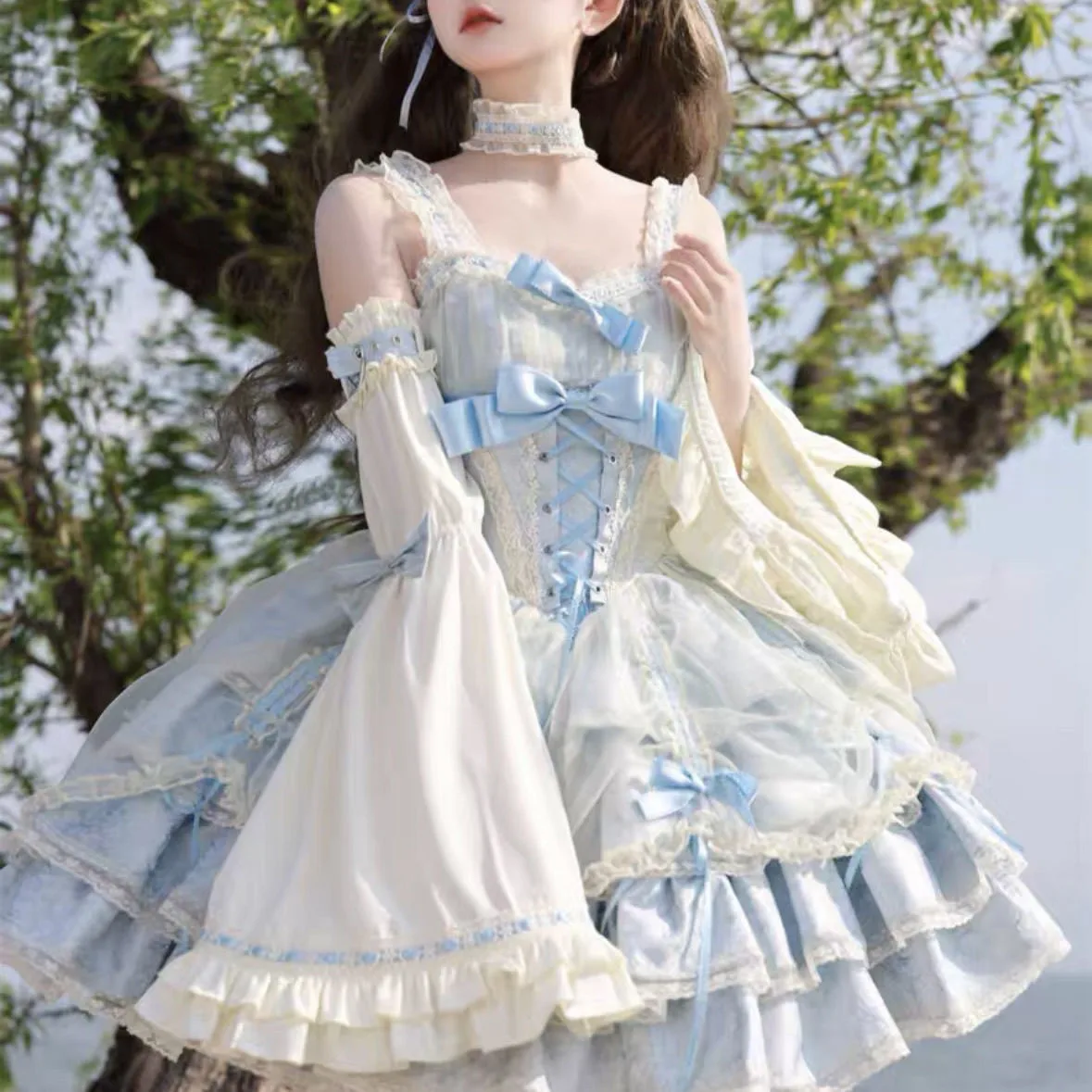 Cosplay-Kleid-Outfits Vintage Gothic Damen Ärmelloses Japanisches Lolita-Trägerkleid mit Schleifenbesatz Kawaii Y2k Abendparty Lässig Süß