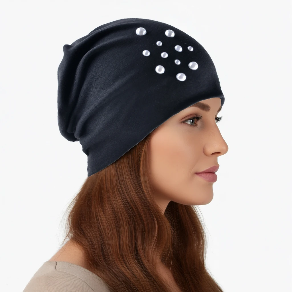Gorro Negro para Mujer con Perla para Primavera y Otoño, Ligero, Transpirable, Estilo Holgado, Elegante Accesorio con Perla Lateral