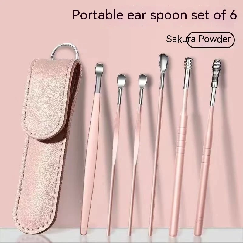 6Pcs Ear Digging Spoon Set Long Head Spiral Spring Ear Spoon Easy Clean Stainless Steel Portable Ear Care Cleaning Tools Set