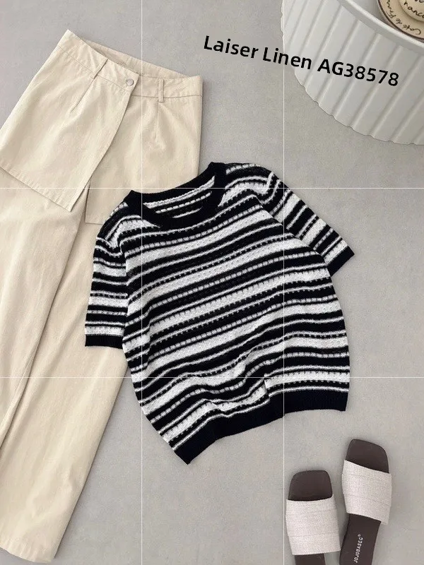 

Классическая полосатая льняная вязаная рубашка с круглым вырезом, в стиле колор-блок, с ажурными короткими рукавами, женский топ для повседневной носки, весна-лето