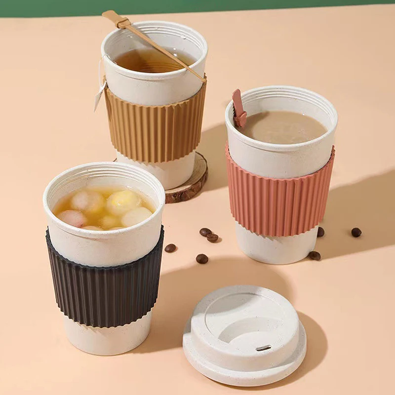 Taza de viaje portátil con tapa, taza de café de paja de trigo reutilizable, anticaída con funda antideslizante, tazas para deportes, hogar, cocina, Bar