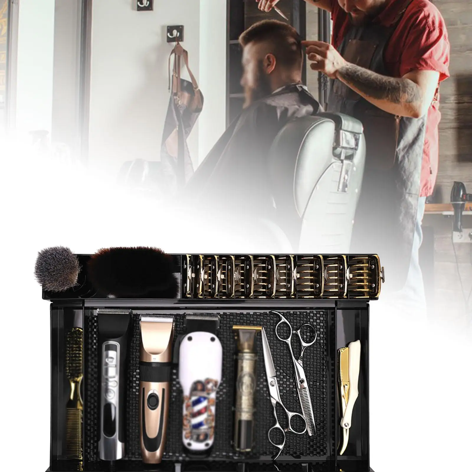 

Органайзер для инструментов для стрижки, несколько отделений, прямоугольное противоскользящее основание с расширяемой корзиной 40x28x6,6 см