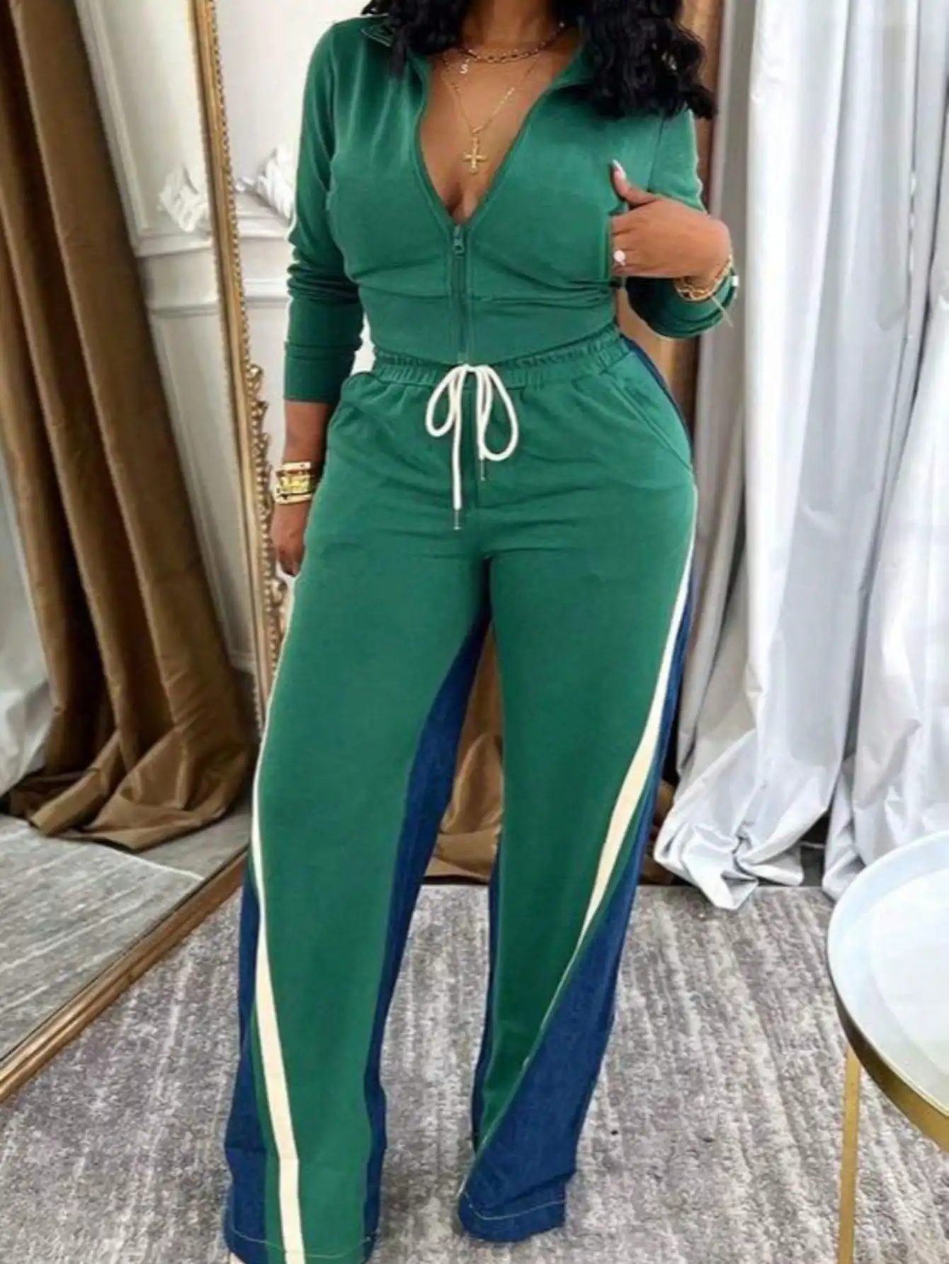 

Зеленый комбинезон на молнии с боковыми полосками и завязками на талии для женщин, повседневный спортивный костюм больших размеров
