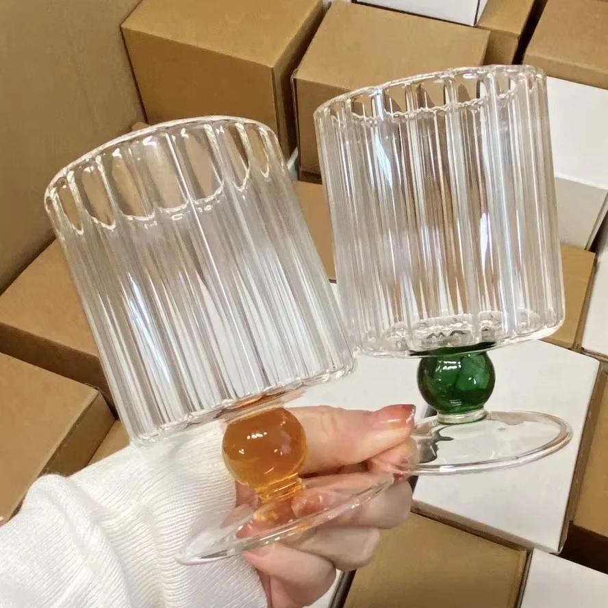 

Nordic Ripple Style Beaded Stem Wine Glasses 200ml Clear Amber Yellow Green Blue Pink Goblet Vintage Drinking Cup
