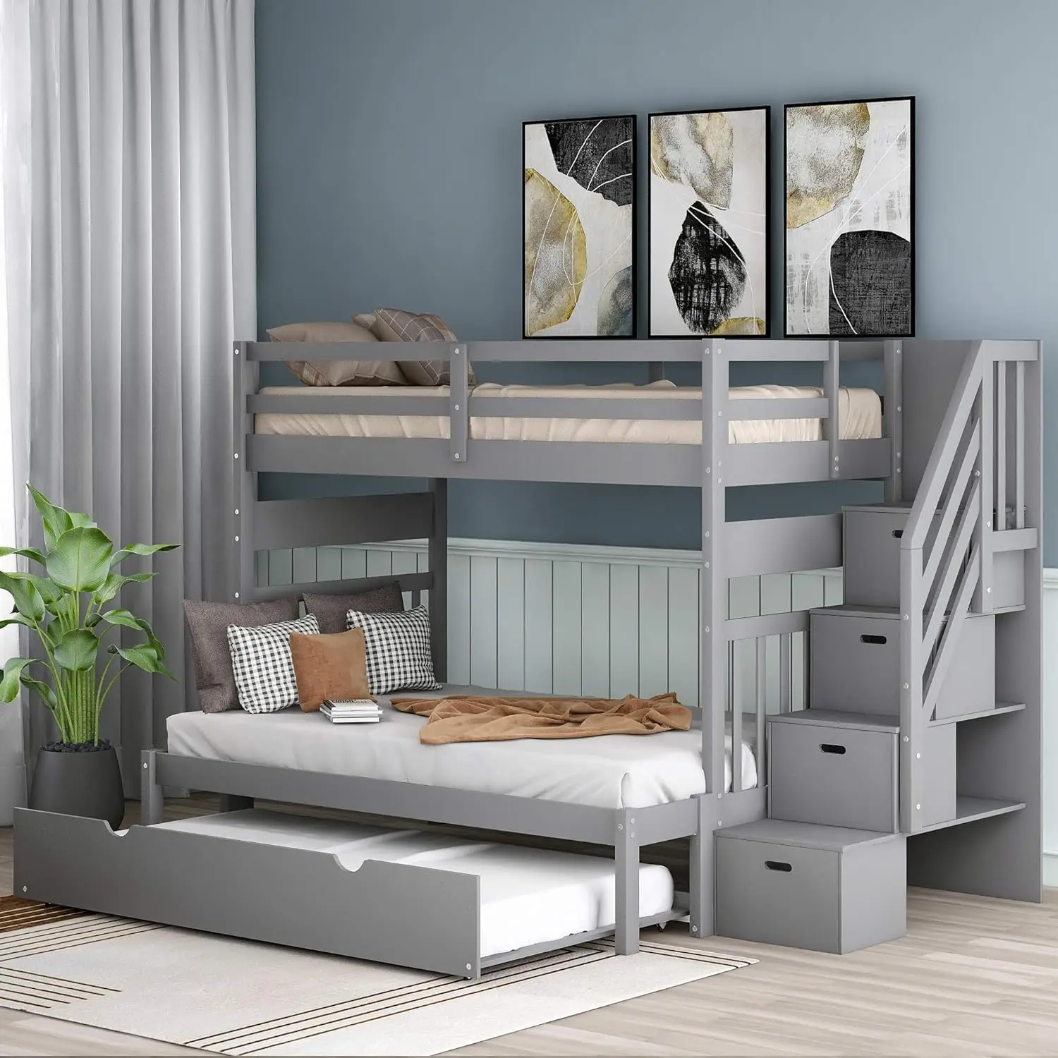 

Twin Over Twin/Full Bunk Bed with Stairs Storage and Trundle, Solid Wood Stairway Triple Bunkbed, Detachable into 2 Platform