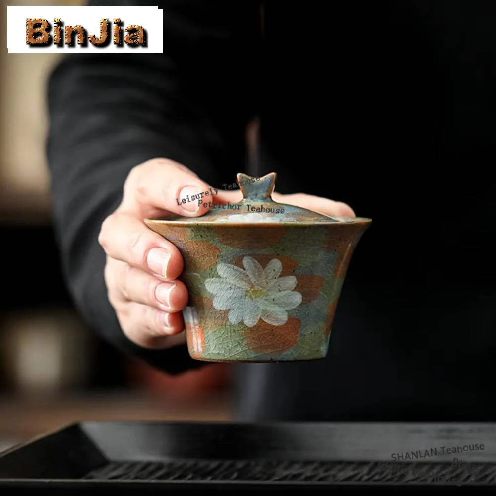 

100ml Handmade Ice Cracked Glaze Cover Bowl Chinese Daisy Gaiwan Japanese Tea Tureen High-end Tea Making Tea Ceremony Ornaments
