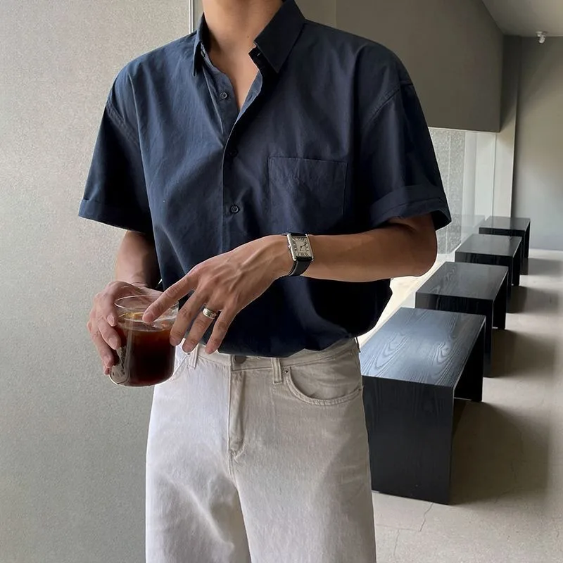 

Short Sleeved Shirt Men Summer Korean Version Loose Trendy High-end Half Sleeved Shirts Versatile Solid Color Lapel Collar Tops