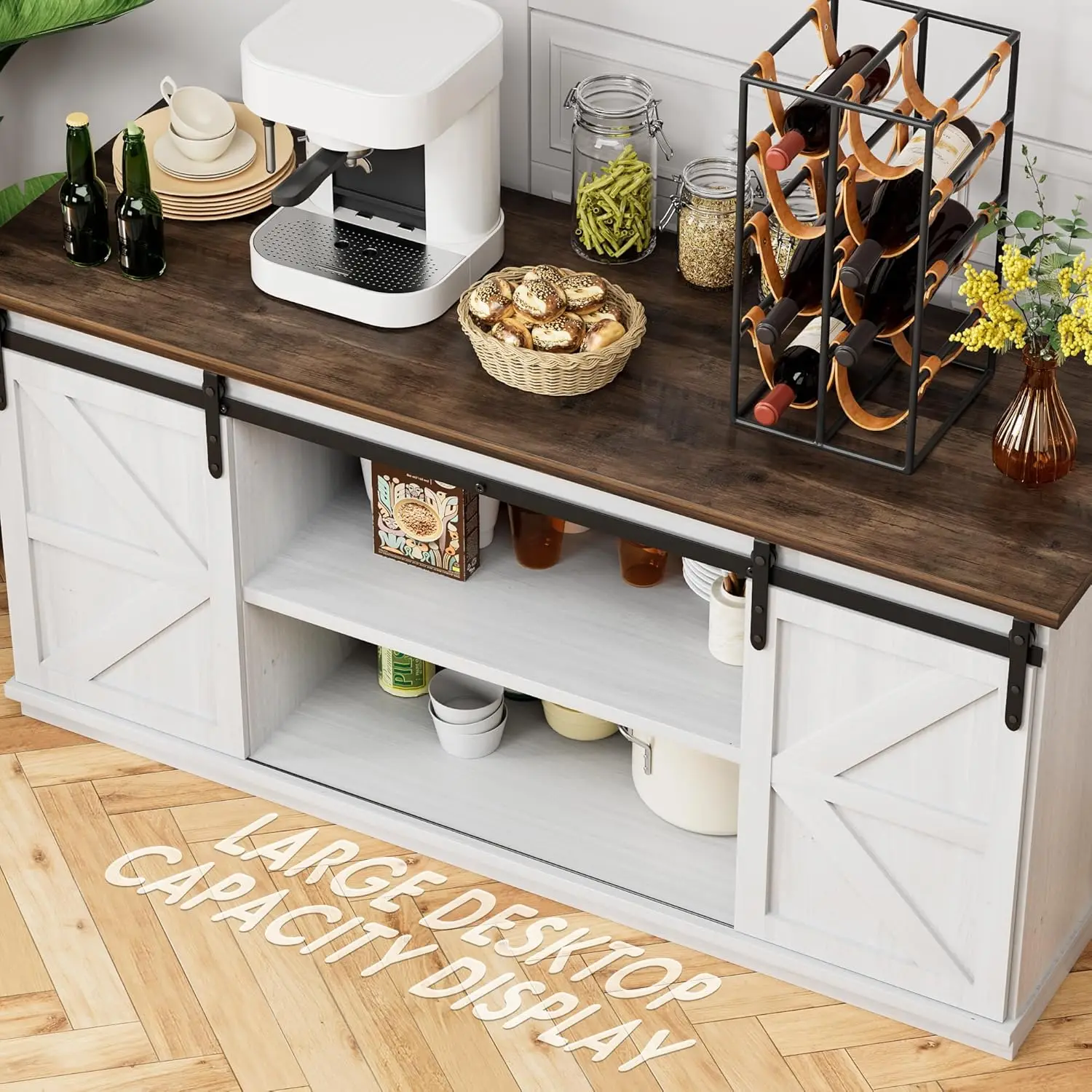 Farmhouse Sideboard Buffet Cabinet, Coffee Bar Storage with Sliding Barn Doors, Shelf for Home Dining Room, 27.5 Height