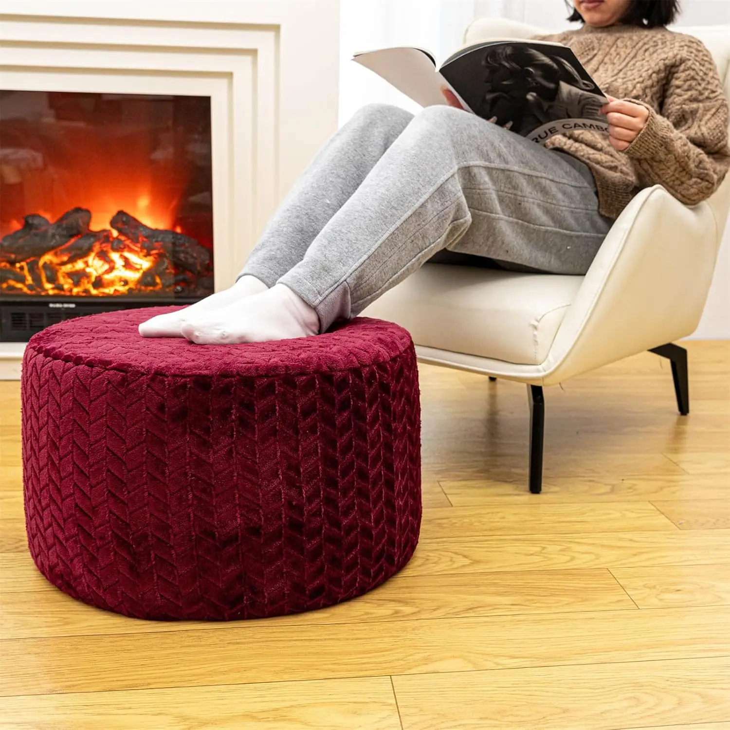 

Round Foam Filled Storage Pouf Ottoman 20x20x12 for Living Room Bedroom Foot Rest Stool Wine Red